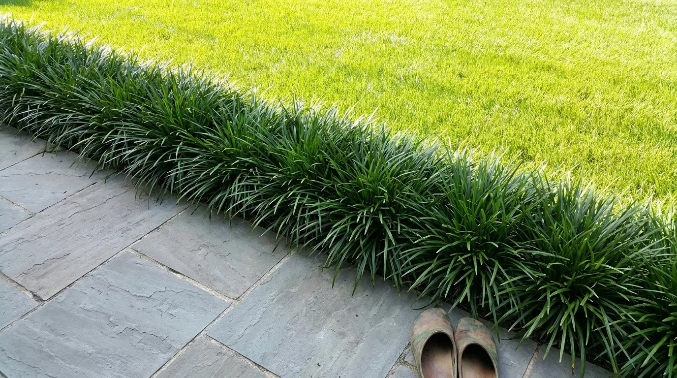 A neat row of Liriope plants creating a clean border between a stone path and a green lawn.