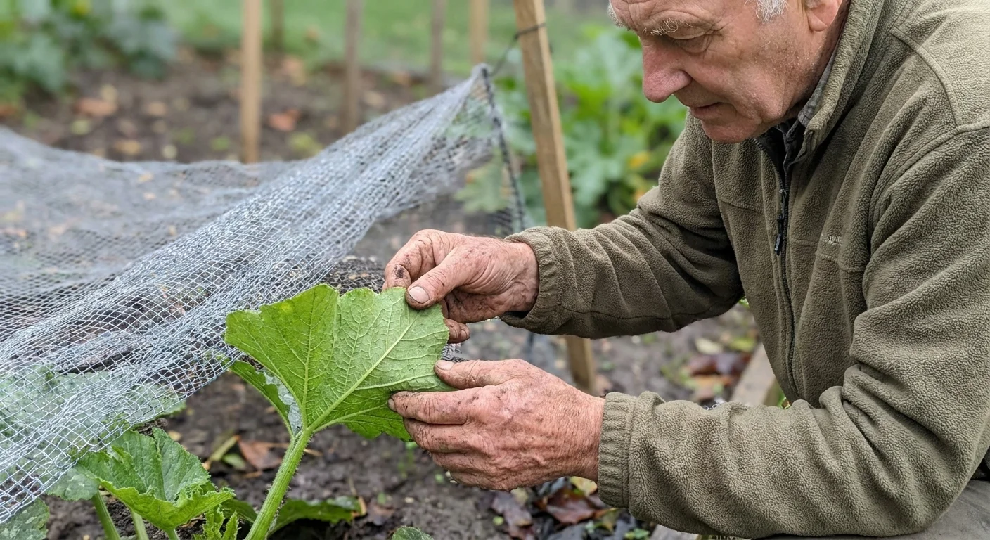 A person's hands lifting a large zucchini leaf to check for pests in a garden protected by bird netting.