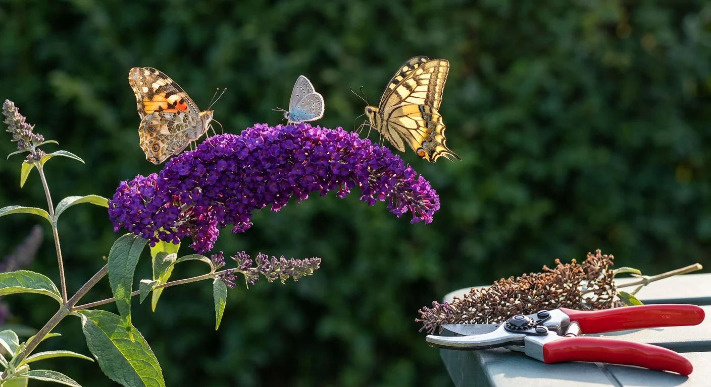 A purple Butterfly Bush covered in multiple butterfly species, with garden pruners visible to suggest responsible maintenance.