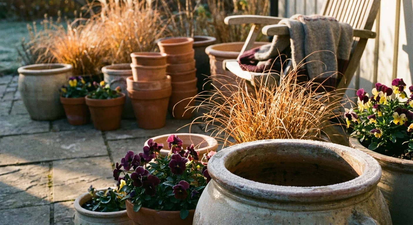 A quiet container garden in late autumn light with frost on the pots and dried grasses.