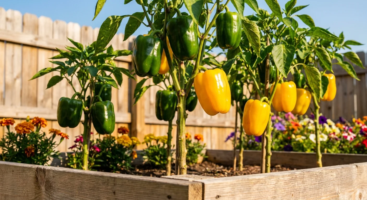 A row of upright bell pepper plants with glossy green and yellow peppers growing in a raised garden bed.