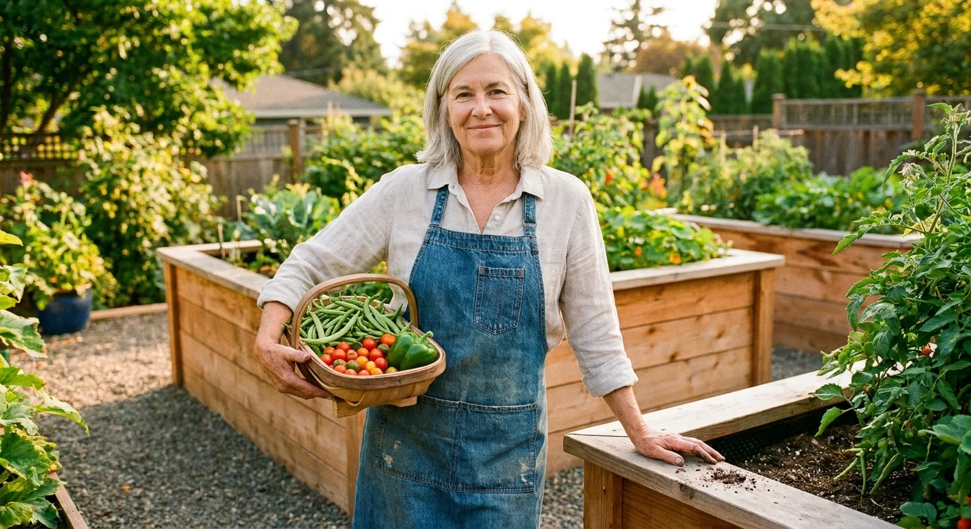 A senior woman in a denim apron stands by an elevated garden bed, holding a wooden basket filled with fresh vegetables in the afternoon sun.