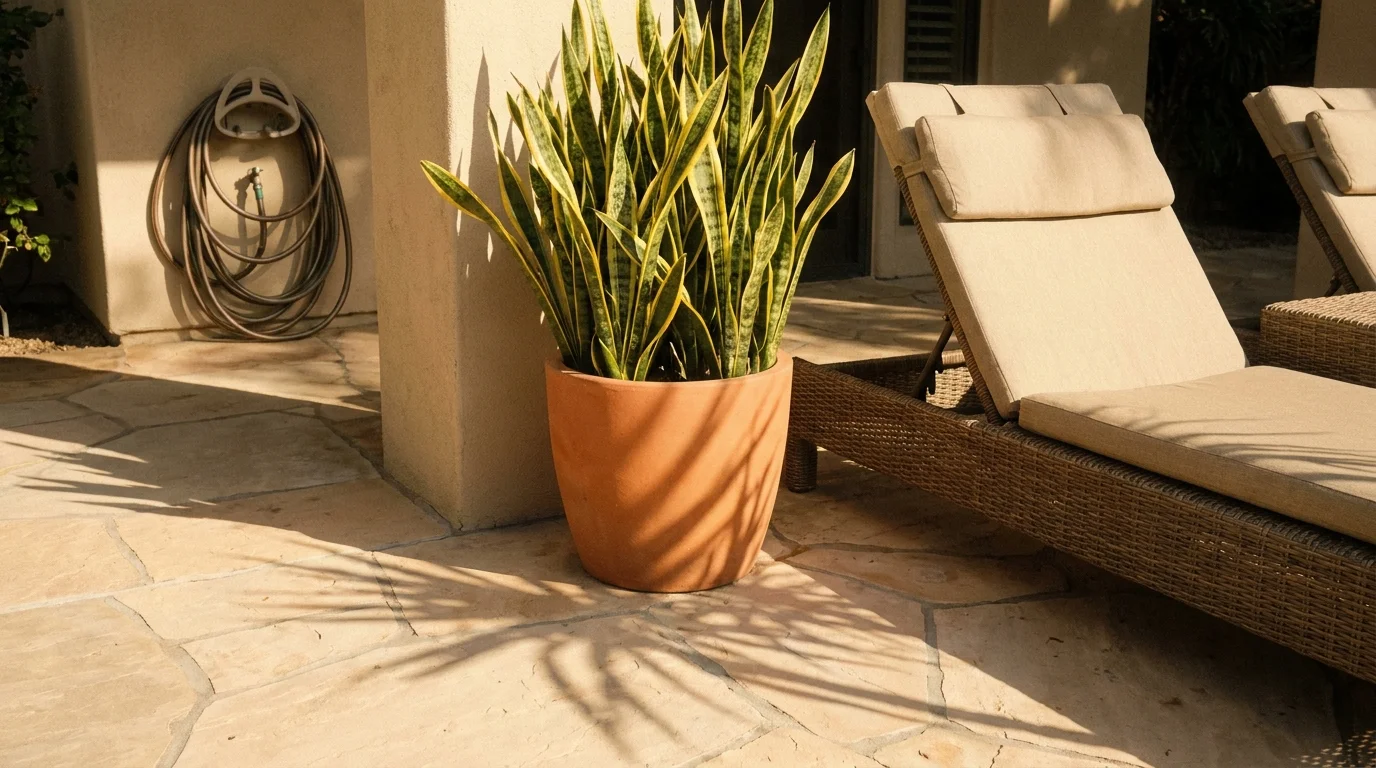 A tall snake plant in a terracotta pot on a sunny patio next to a lounge chair.