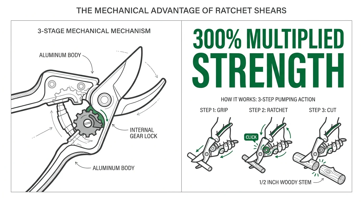 A technical diagram showing how ratchet shears multiply hand strength by 300 percent using a three-stage gear system.