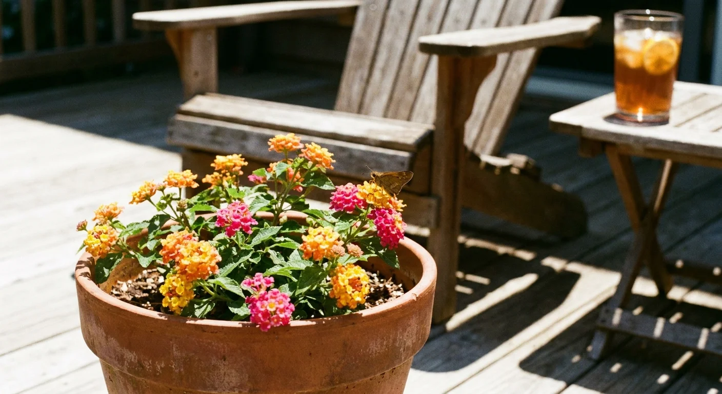 A terracotta pot filled with colorful yellow and pink Lantana flowers sitting on a sunny wooden deck.