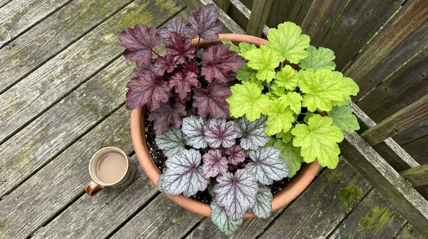 A top-down photo of colorful Coral Bells in a pot on a wooden deck next to a coffee mug.
