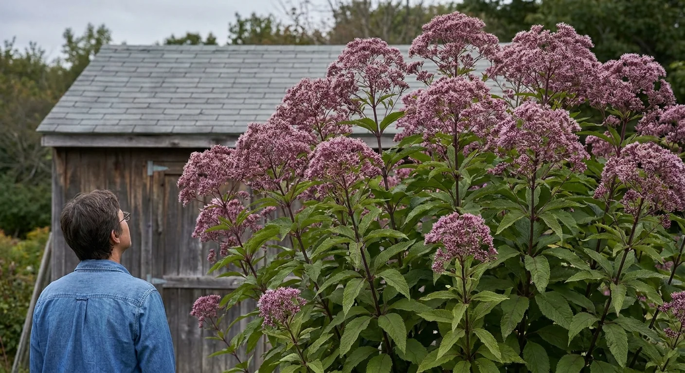 A towering clump of dusty-rose Joe-Pye Weed flowers growing tall next to a garden shed, with a person for scale.