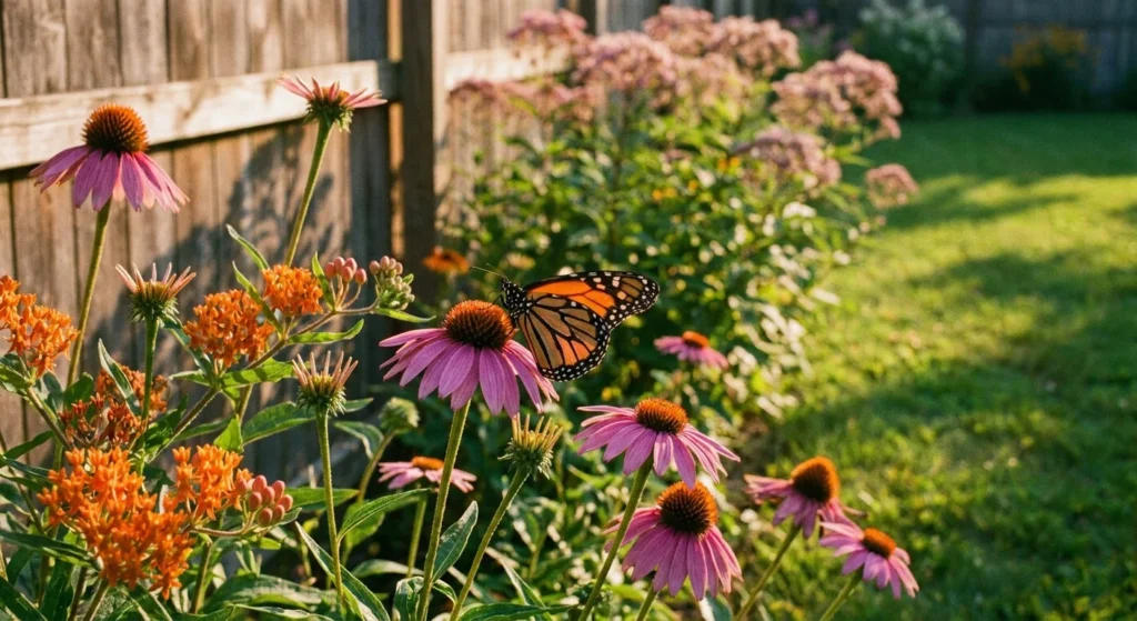 A vibrant garden with purple coneflowers and orange butterfly weed, featuring a monarch butterfly resting on a flower in golden sunlight.