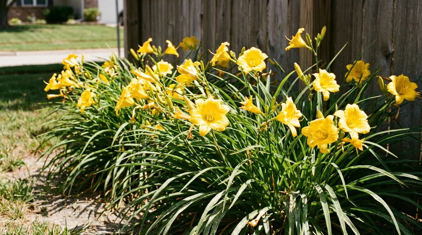 A vibrant row of yellow Stella de Oro daylilies blooming along a wooden fence on a sunny day.