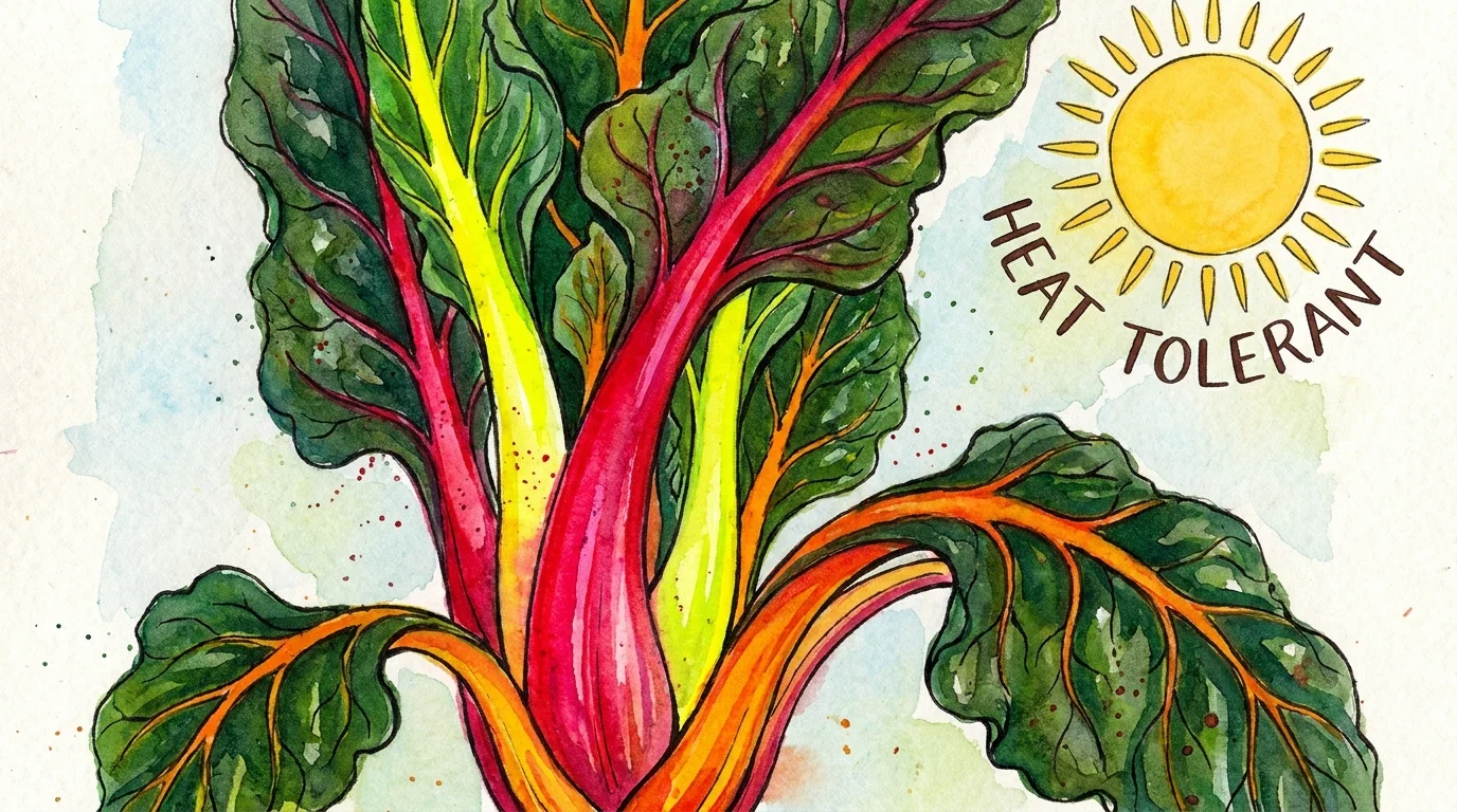 A vibrant watercolor painting of Swiss Chard with red, yellow, and orange stems, labeled 'Heat Tolerant'.