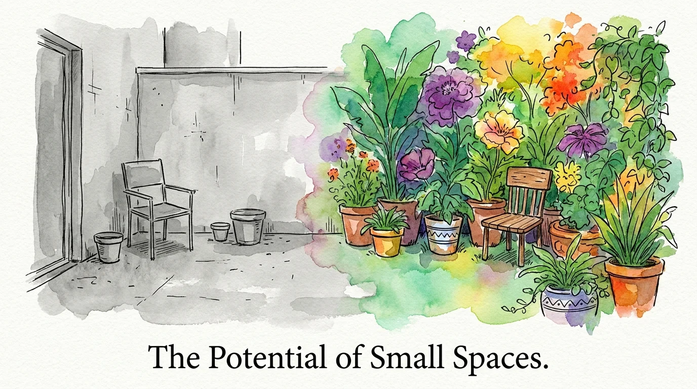 A watercolor illustration showing a grey concrete patio being transformed into a colorful, lush garden sanctuary.
