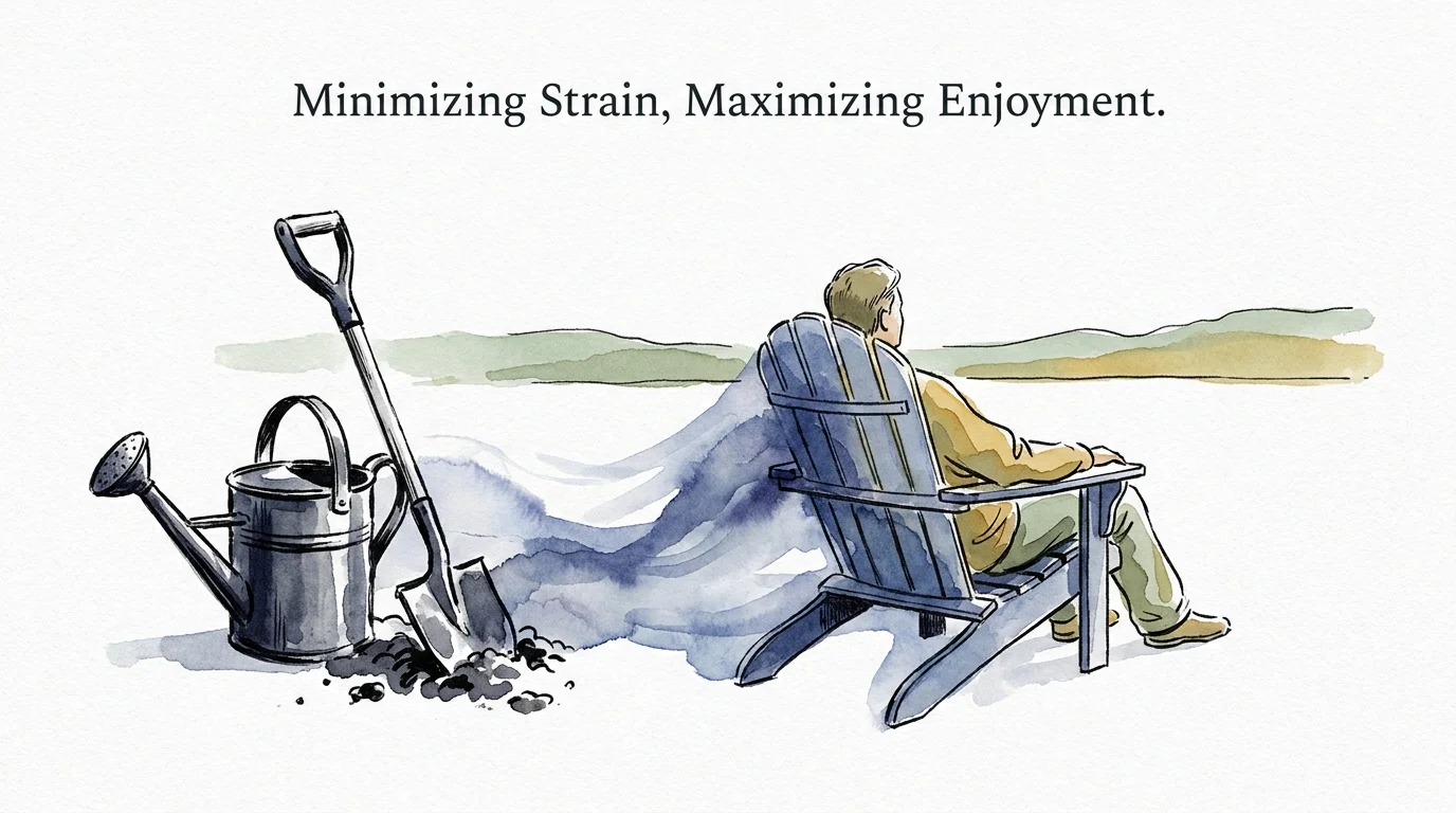 A watercolor illustration showing gardening tools transforming into a relaxing chair, symbolizing a shift to low-maintenance care.