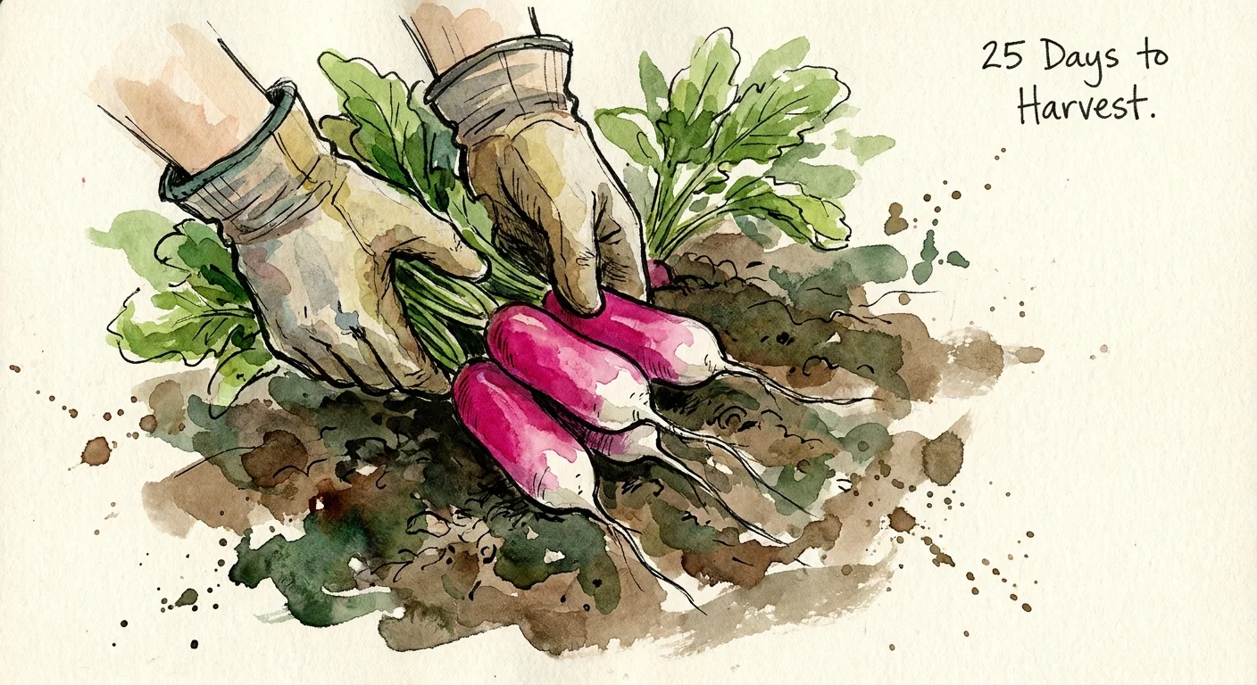 A watercolor sketch of bright pink radishes being pulled from the soil with a note reading '25 Days to Harvest'.