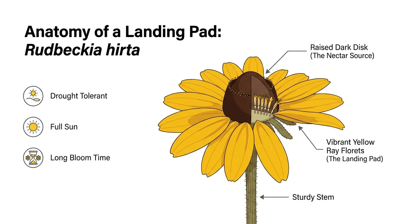 An anatomical diagram of a Black-Eyed Susan flower, labeling the petals as a landing pad and the center as the nectar source.