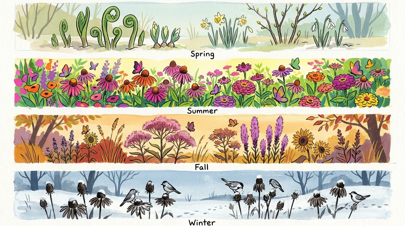 An artistic illustration in four panels showing a butterfly garden changing from spring sprouts to winter seed heads.