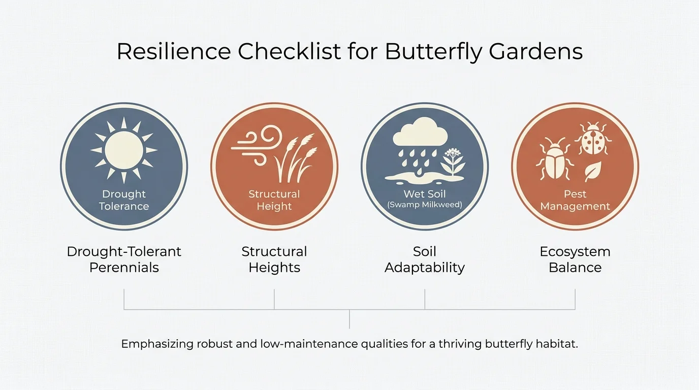 An infographic checklist with icons for drought, soil, and pests, titled Resilience Checklist for Butterfly Gardens.