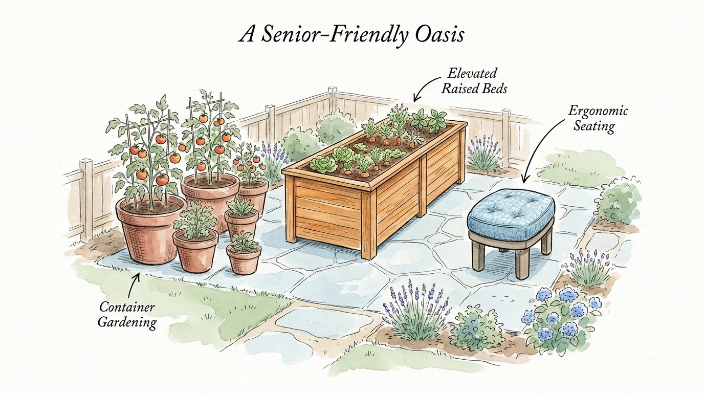 An ink and watercolor sketch of a senior-friendly garden layout featuring elevated planter boxes and a cushioned garden stool.