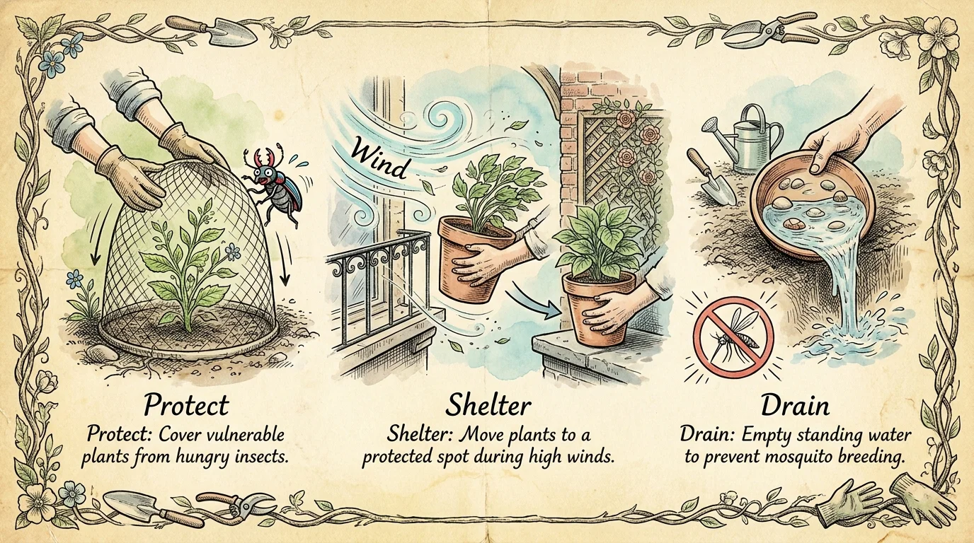 An ink illustration showing three ways to protect container plants from wind, pests, and standing water.