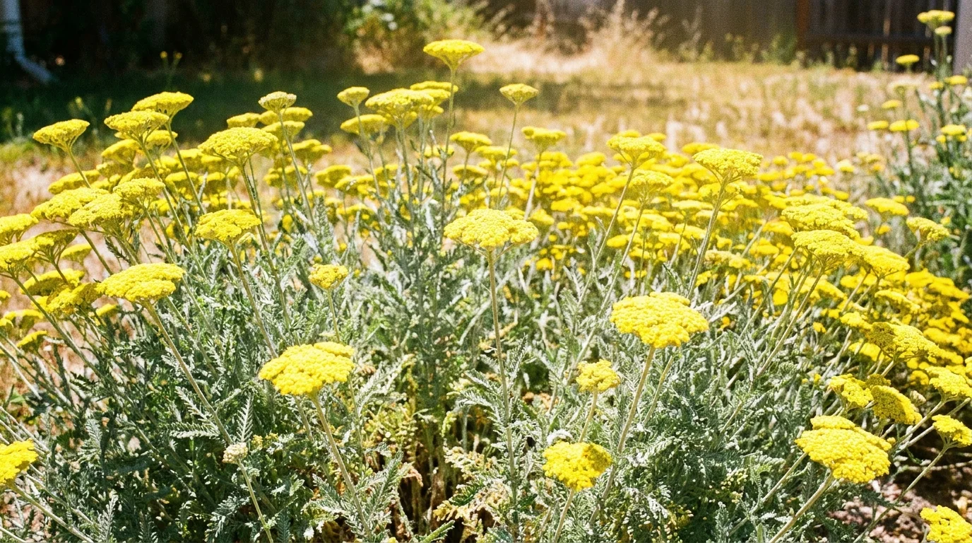 Bright yellow Yarrow flowers with silvery foliage growing in a sun-drenched, heat-tolerant garden bed.