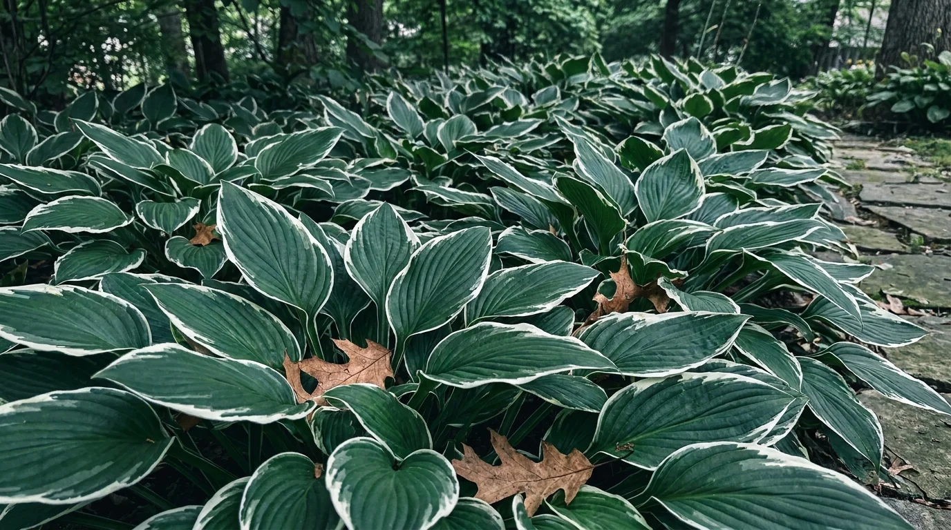 Close-up ground-level view of Patriot Hostas with large green and white leaves suppressing weeds in a shaded garden.
