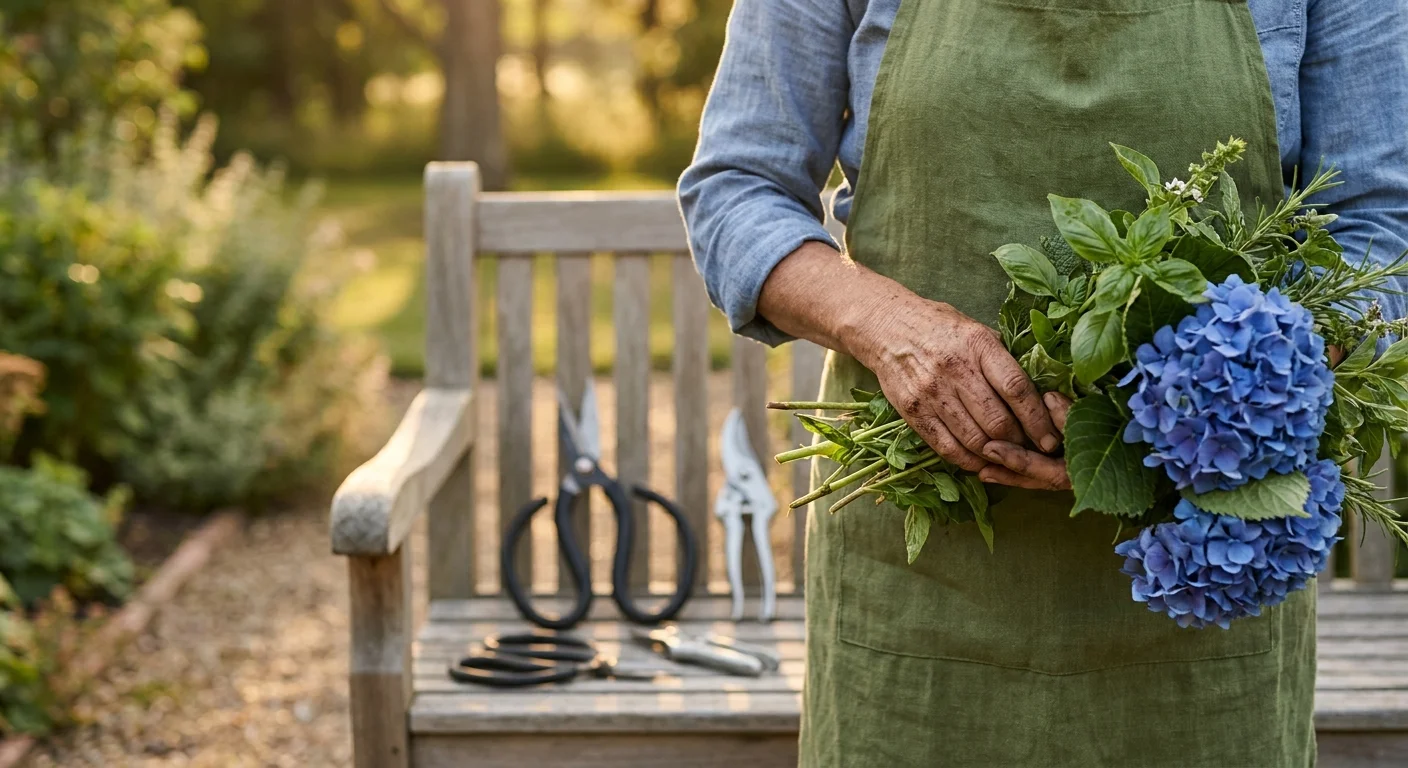 Close-up of a senior gardener's hands holding blue hydrangeas with ergonomic tools visible in the background garden.