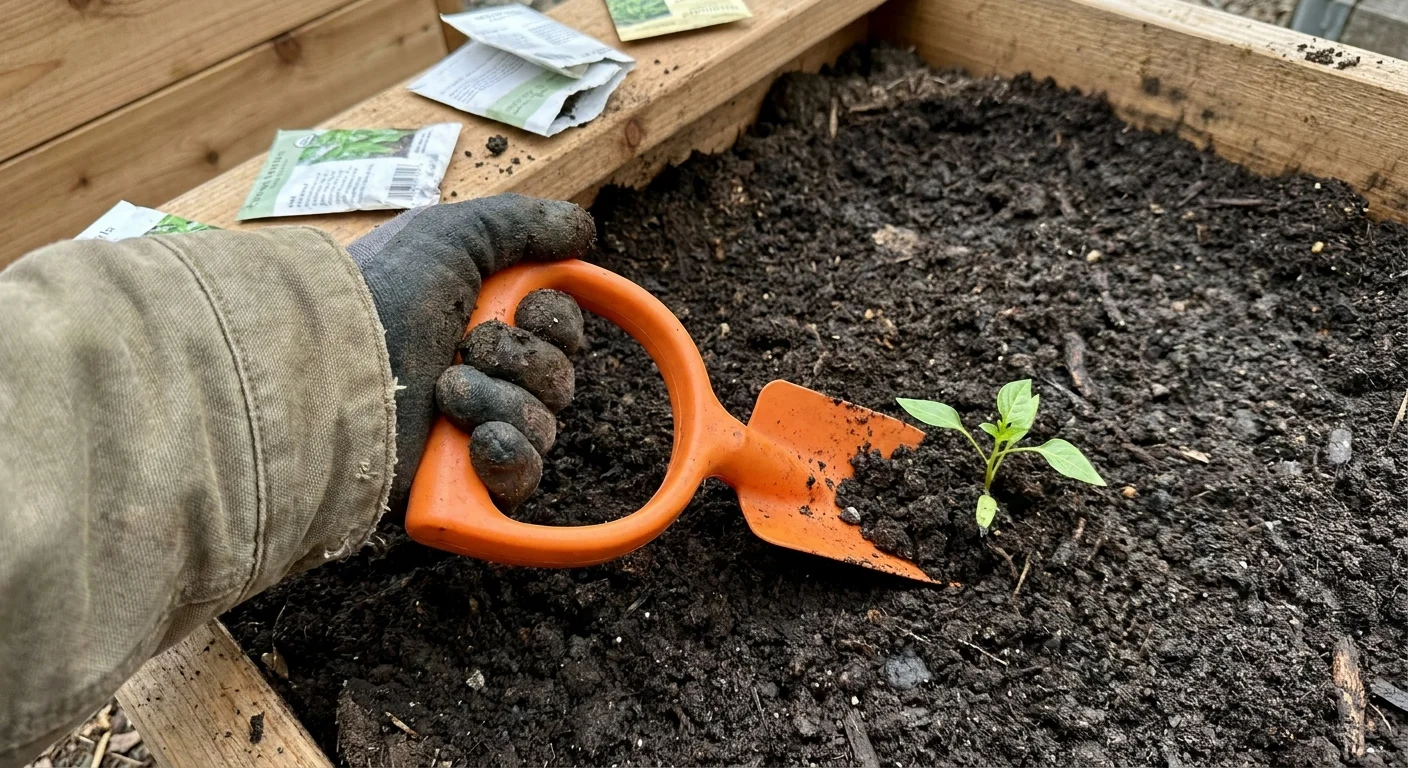 Close-up photo of a gardener using an orange O-grip trowel, showing a straight and comfortable wrist position.