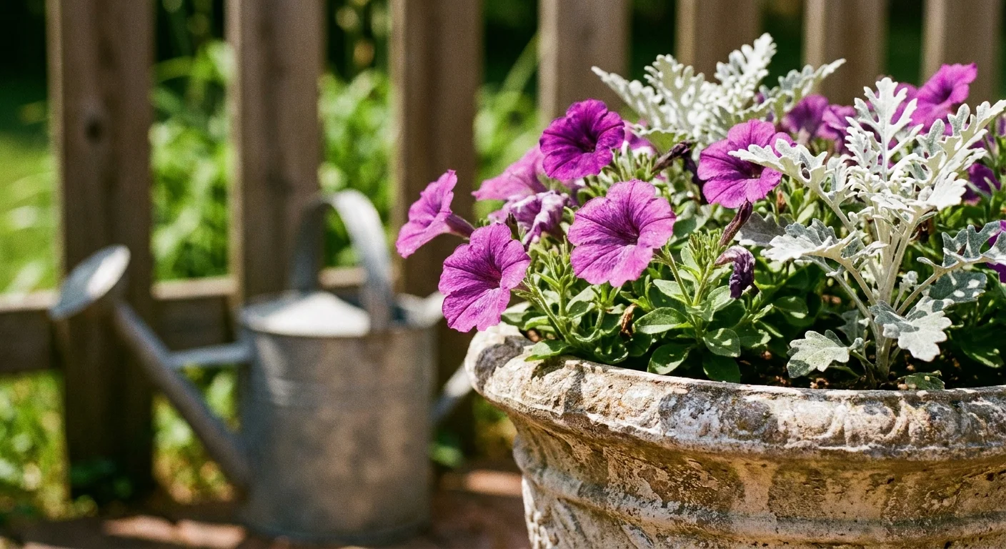 Close-up photo of purple flowers and silver foliage in a container, showing vibrant colors and textures.