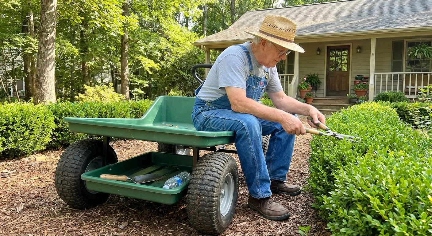 Gardener sitting on a green rolling work cart while pruning a low hedge in a suburban yard.