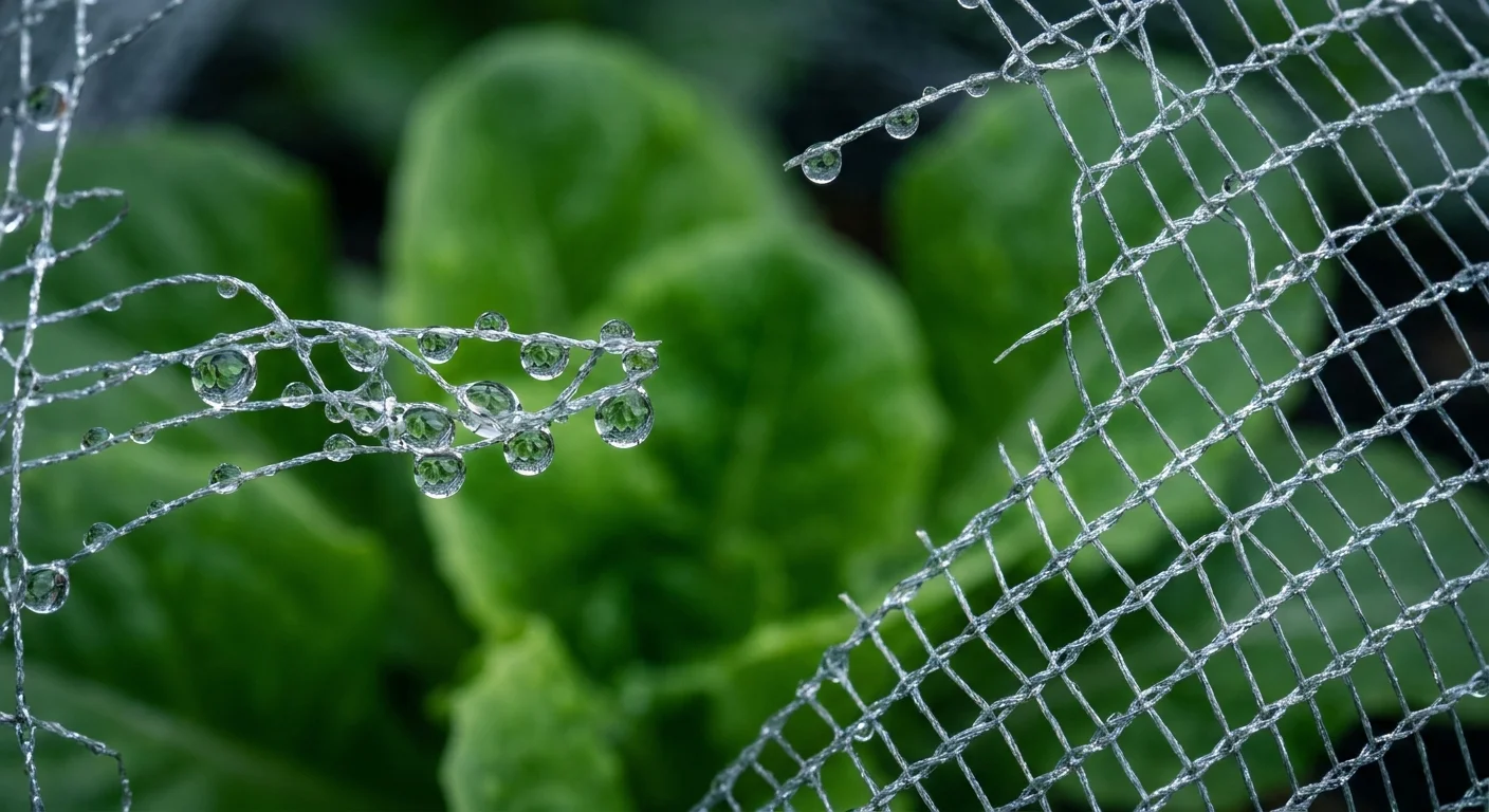 Macro photo of raindrops on garden netting protecting green plants from pests and weather.