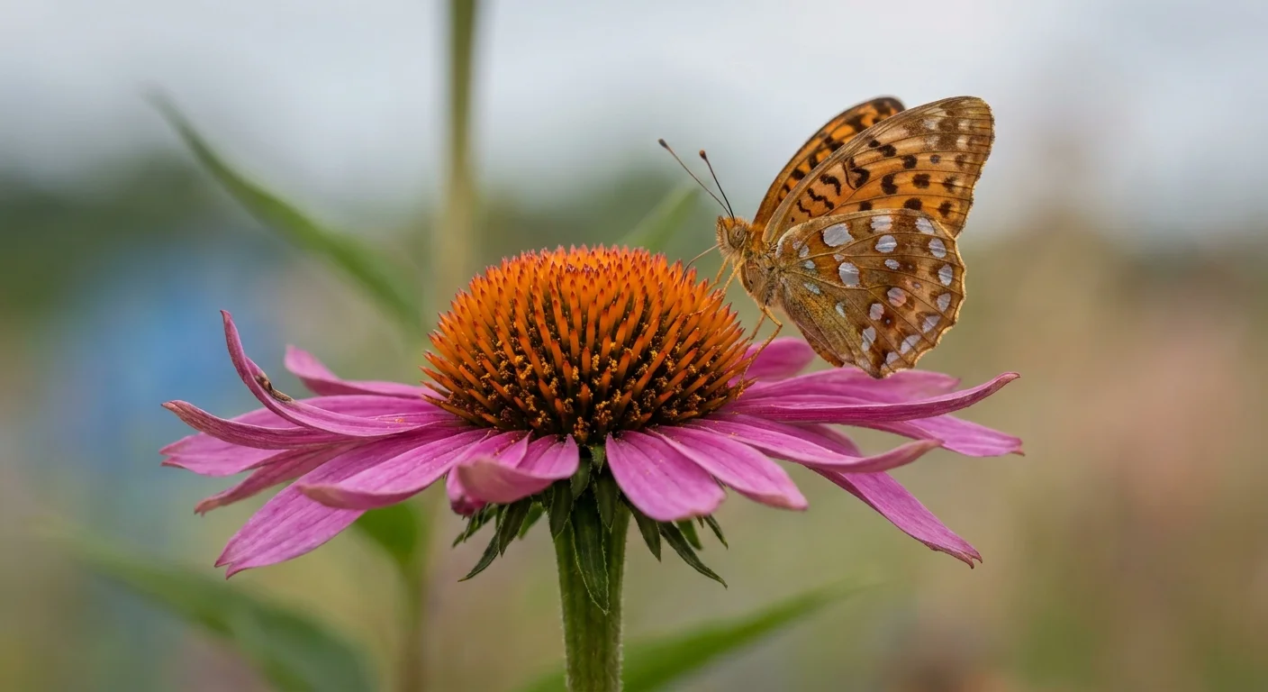 Macro photograph of a Fritillary butterfly resting on the flat petals of a purple coneflower, showing the textured central cone.