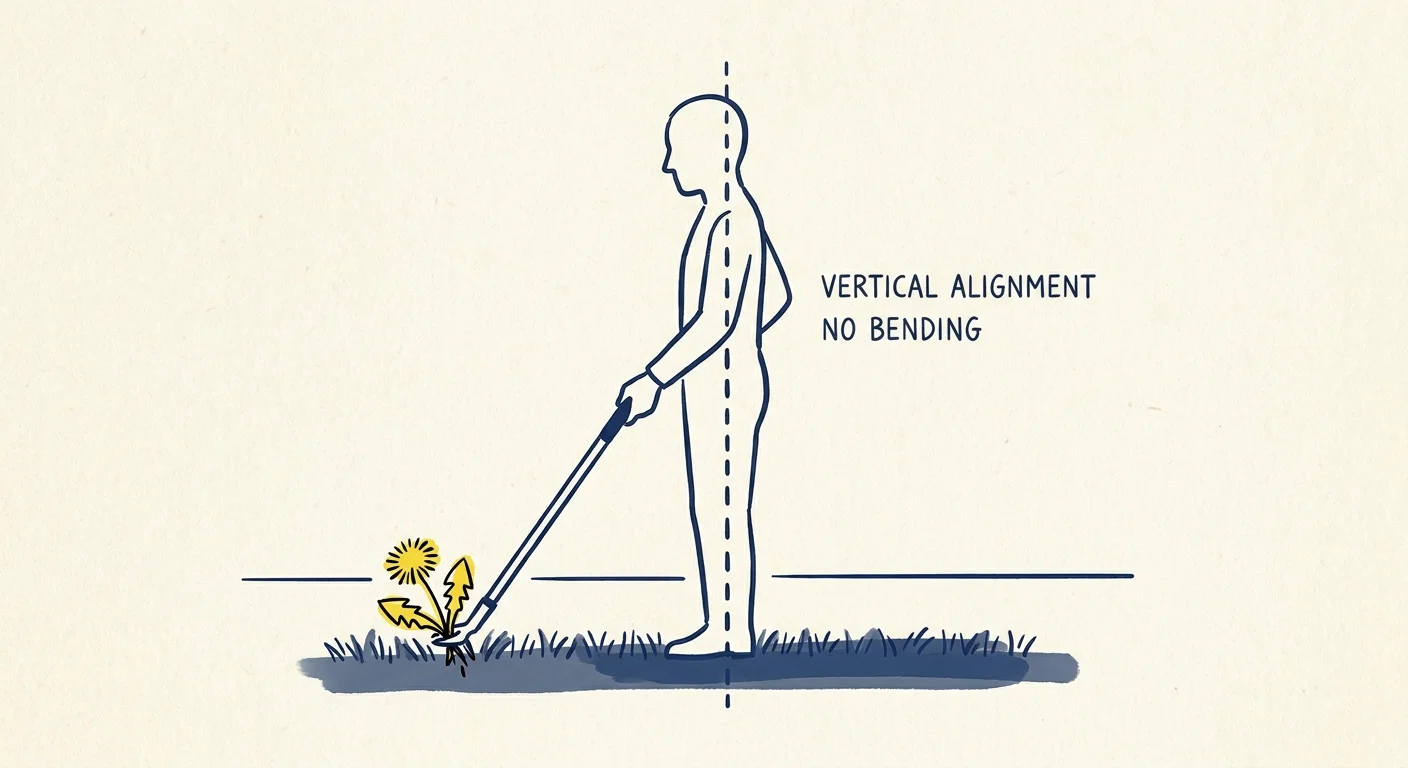 Minimalist illustration of a person standing upright using a long-handled tool to remove weeds without bending.