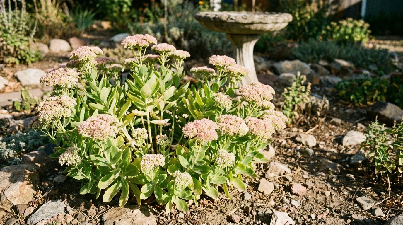 Succulent-like Sedum plants growing in a rocky garden bed under bright afternoon sun.