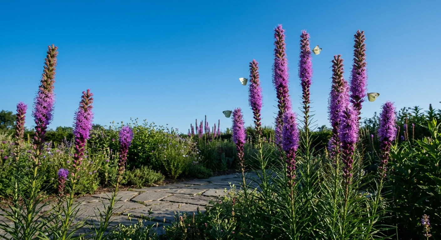 Tall, purple, bottlebrush-shaped Blazing Star flowers blooming in a garden border next to a stone path.