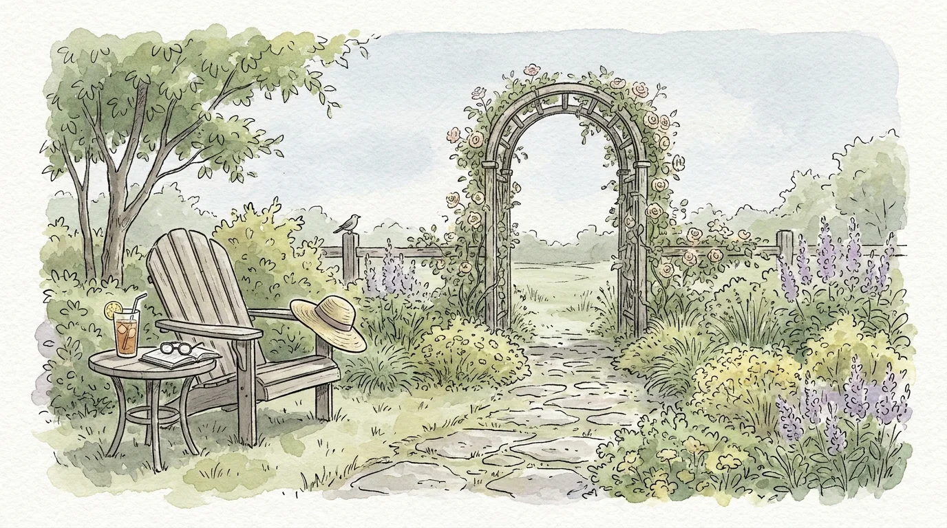 Watercolor illustration of a peaceful garden path with a resting chair and rose-covered trellis.