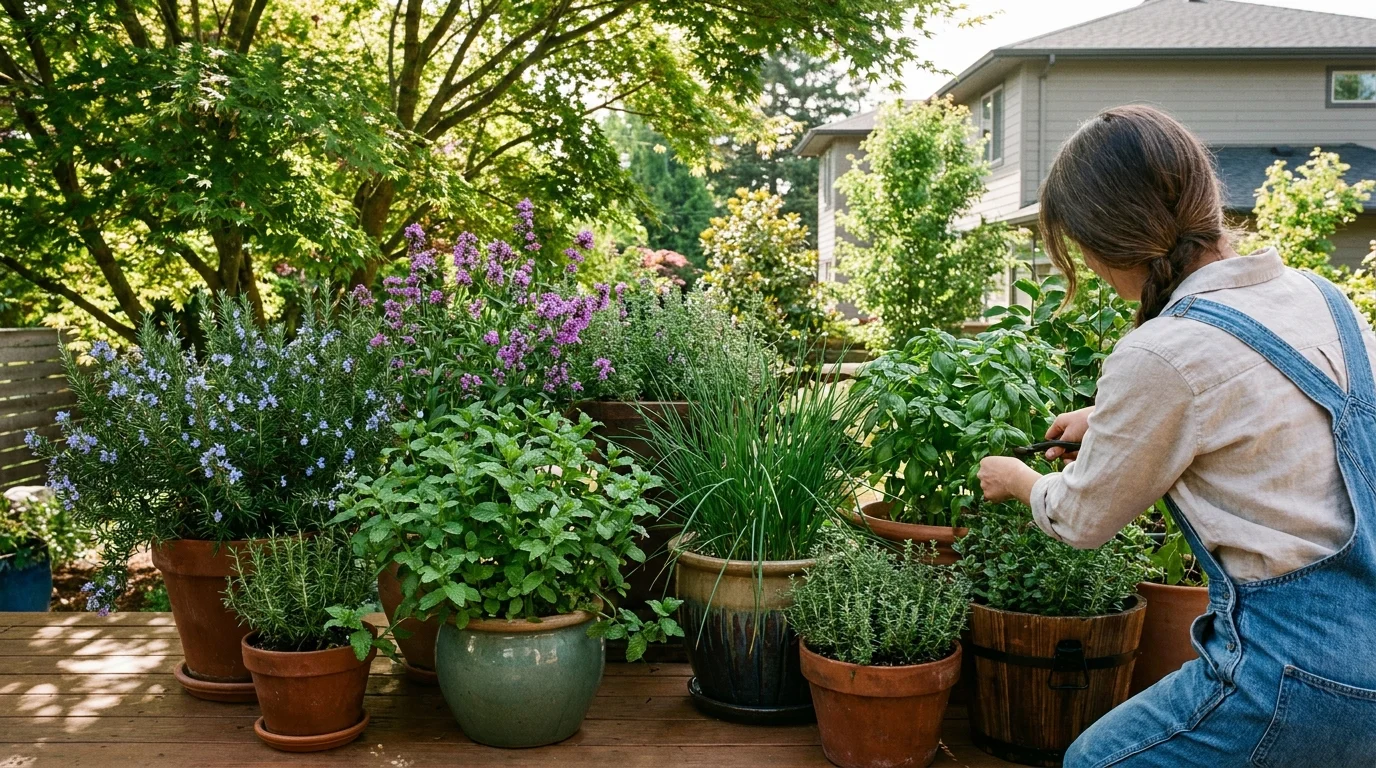 A beautiful collection of various herbs growing in different pots on a sunny wooden deck with a person gardening in the background.