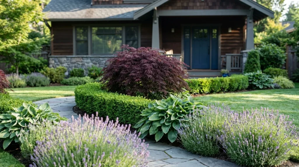 A beautiful front yard garden with a Japanese Maple, boxwood hedges, and a stone path leading to a craftsman house.
