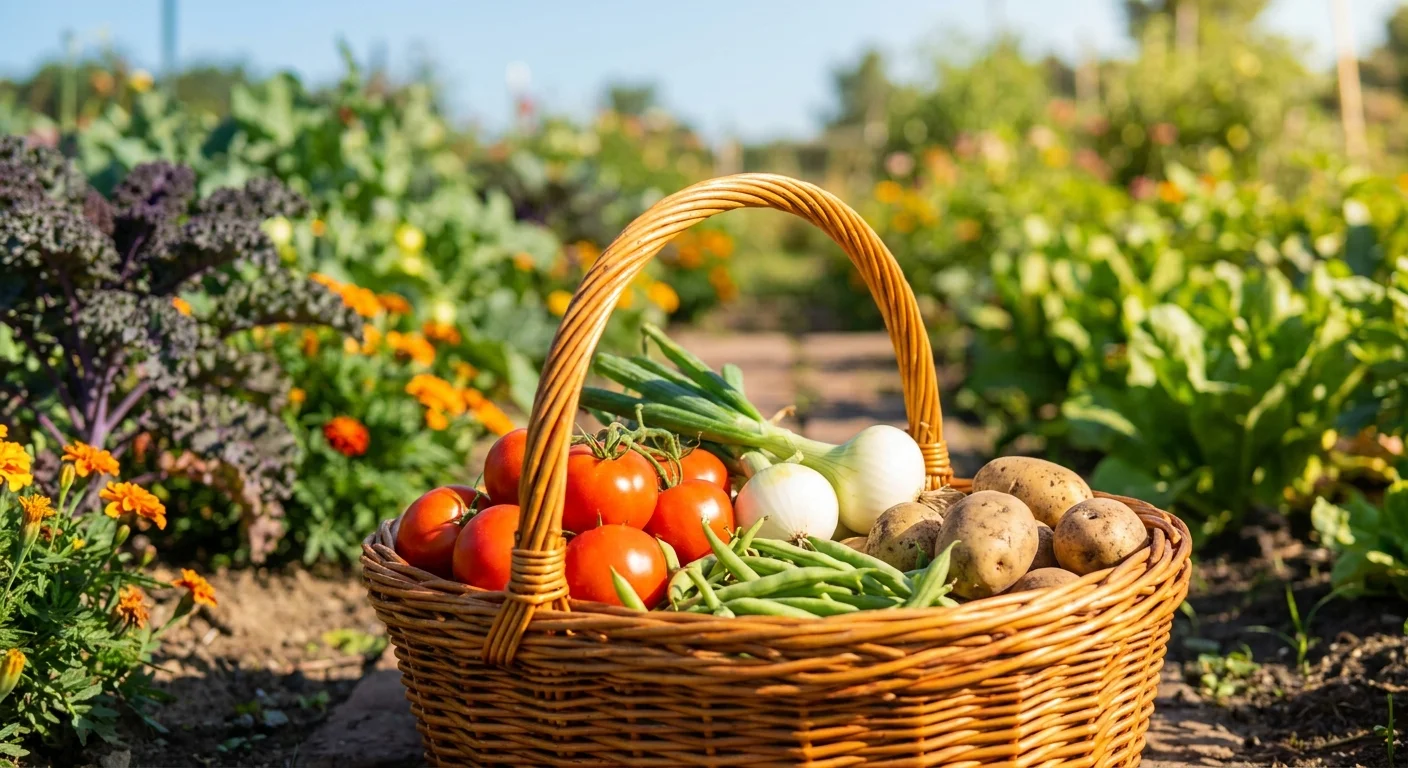 A beautiful harvest basket filled with healthy vegetables sitting in a sunlit, well-organized garden.