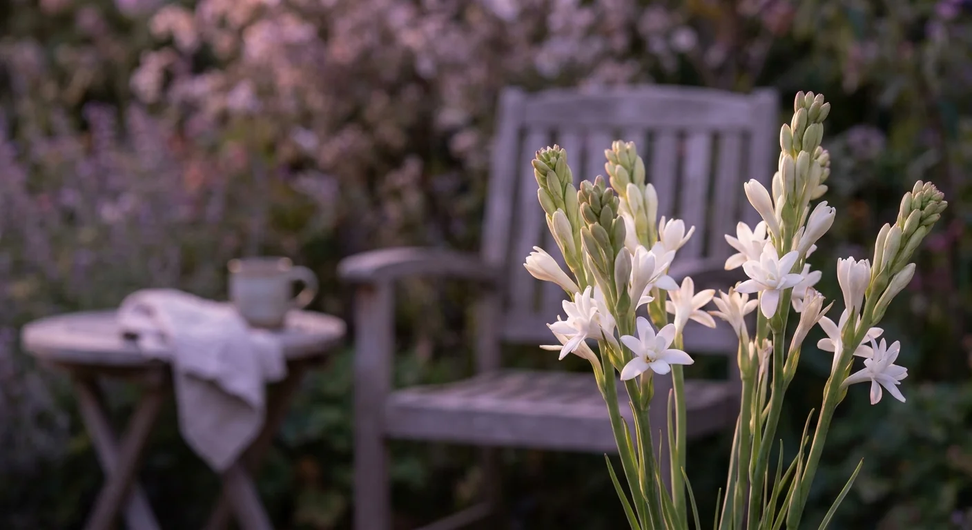 A beautiful photo of waxy white tuberose flowers in a backyard garden during the evening glow.