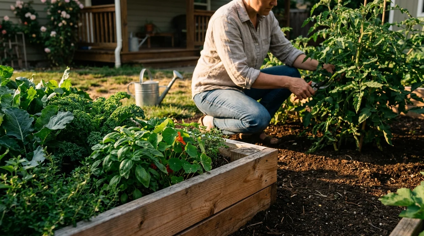 A beautiful sunlit backyard garden with multiple cedar raised beds filled with lush green vegetables and a gardener tending to the plants.