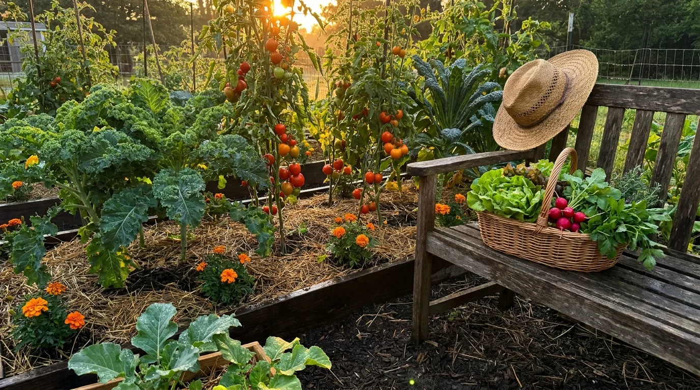 A beautiful, thriving home vegetable garden at sunset with a basket of fresh produce.