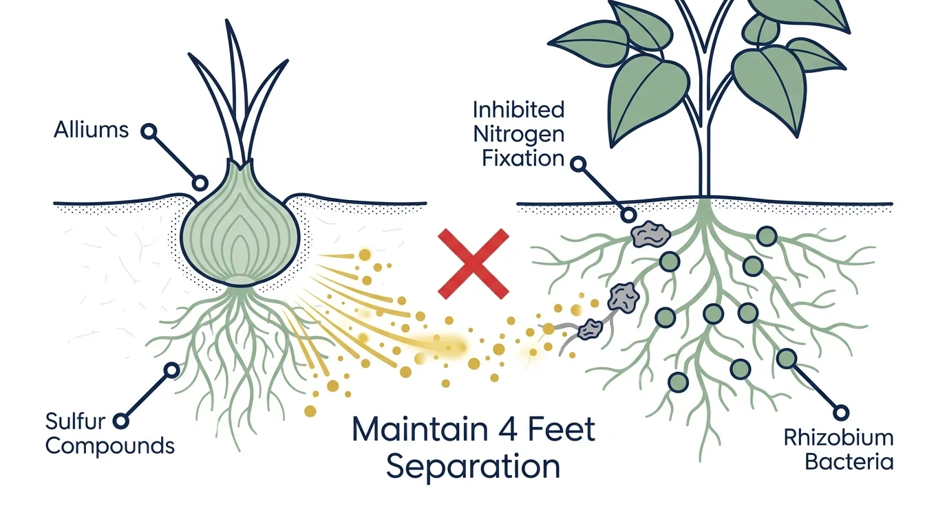 A biological diagram showing how sulfur from onion roots kills the beneficial nitrogen-fixing bacteria on bean roots.
