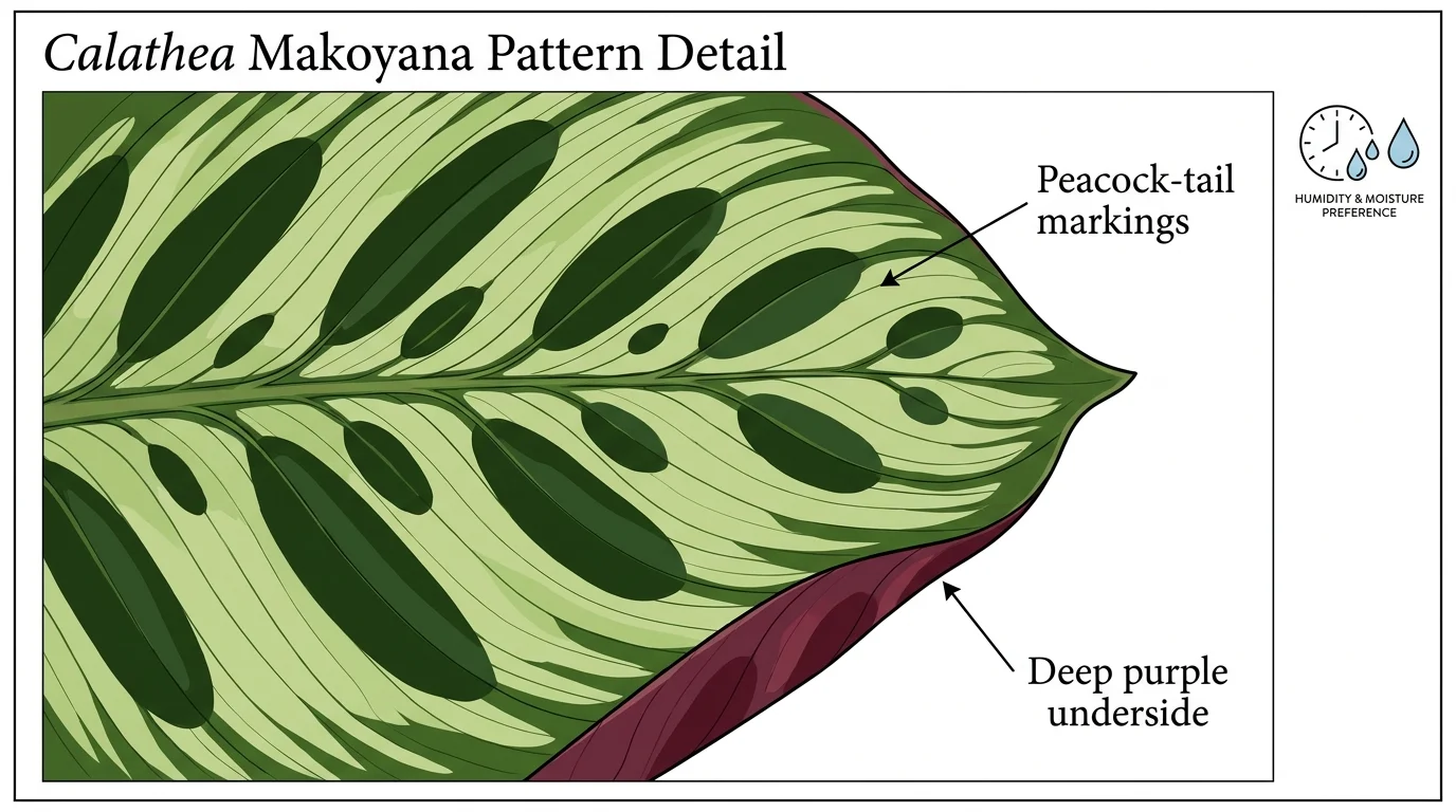 A botanical diagram detailing the intricate, peacock-like patterns and purple undersides of a Calathea leaf.