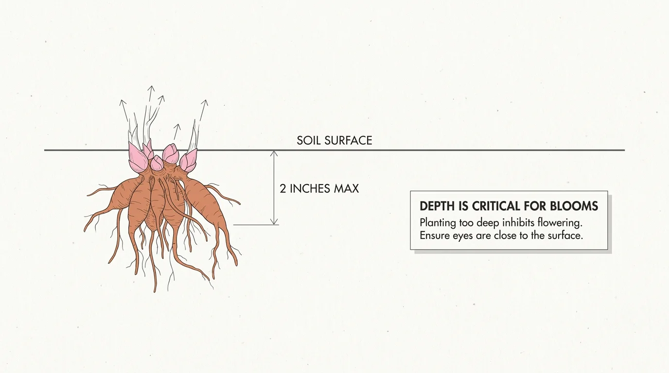 A botanical diagram showing peony roots planted exactly 2 inches below the soil surface.