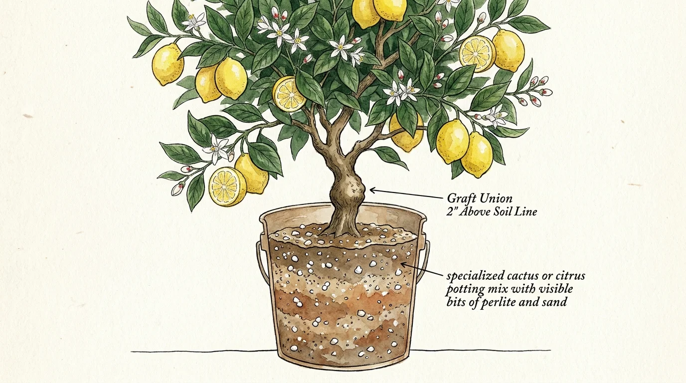 A botanical illustration of a Meyer lemon tree in a bucket showing the correct planting depth for the graft union.