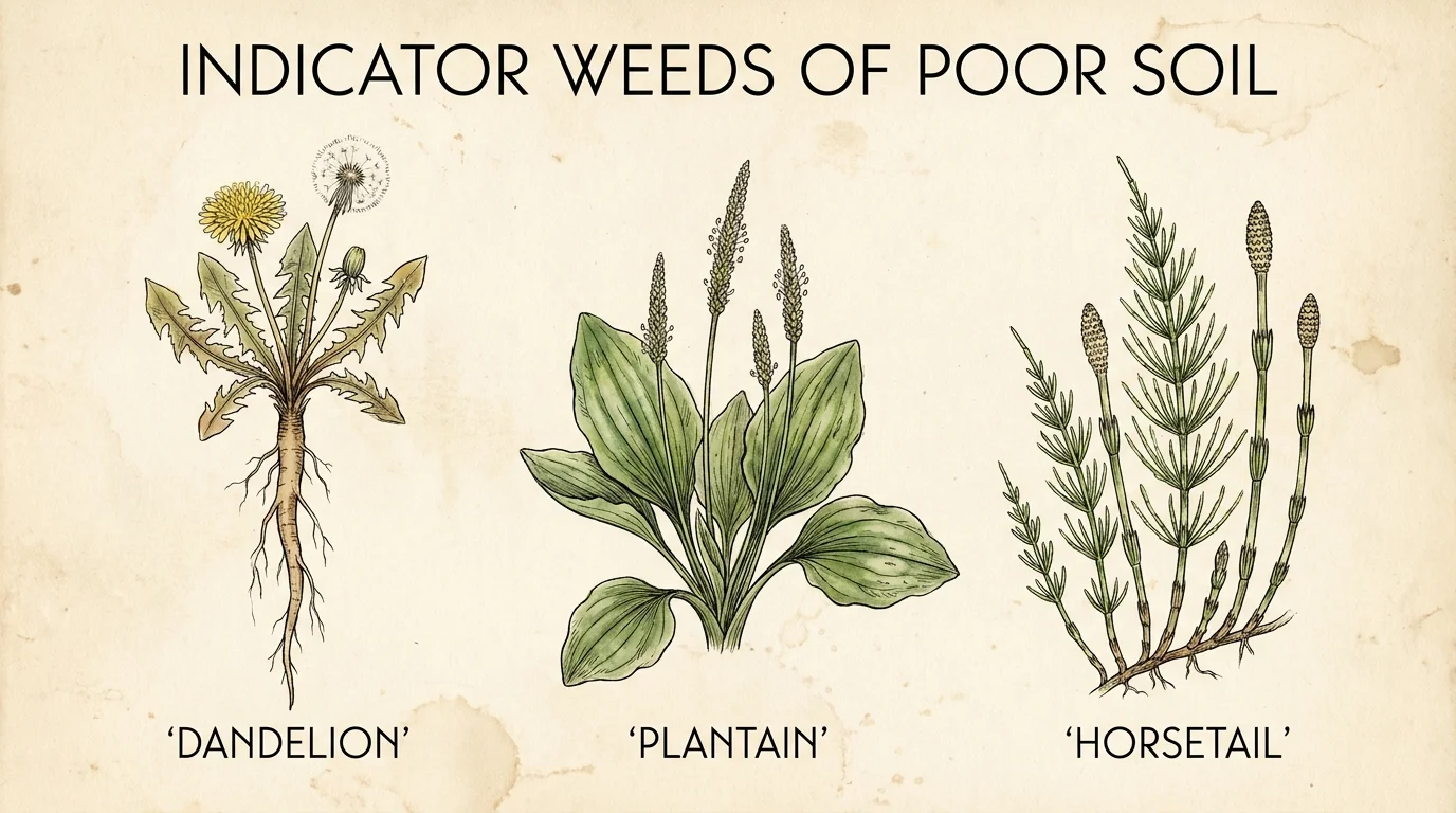 A botanical illustration of dandelions, plantain, and horsetail, labeled as indicator weeds.