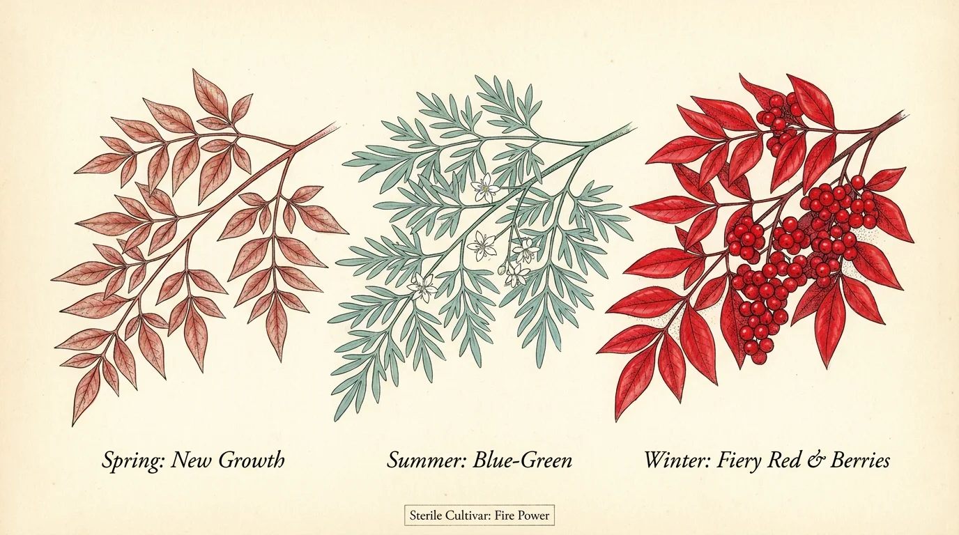 A botanical illustration showing three stages of Heavenly Bamboo: bronze spring leaves, green summer leaves, and red winter berries.