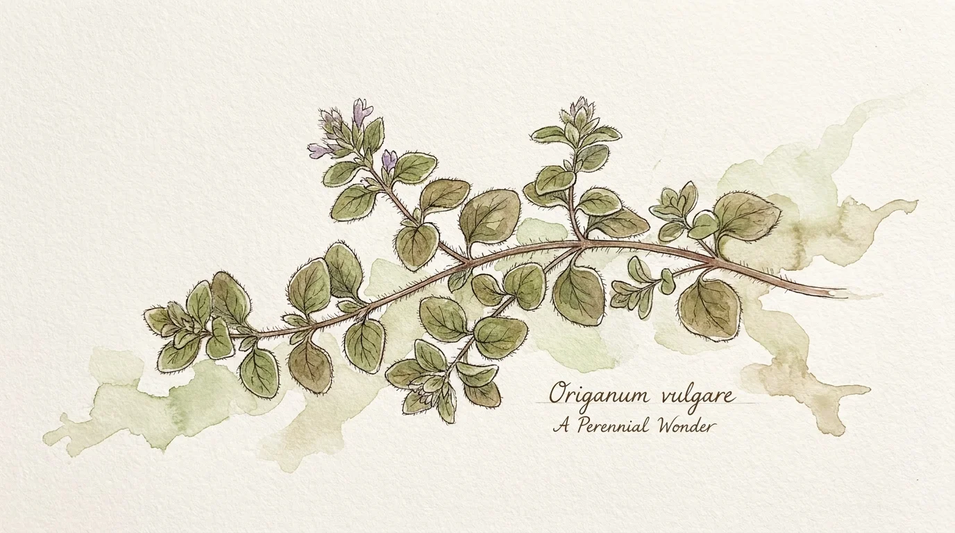 A botanical watercolor illustration of a sprawling oregano sprig with small, fuzzy green leaves.