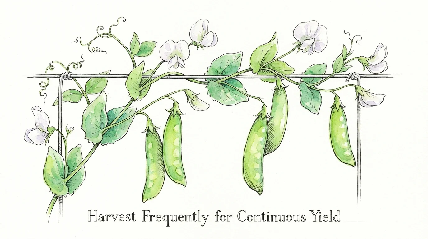 A botanical watercolor illustration of green snap pea pods on a vine with white flowers and climbing tendrils.