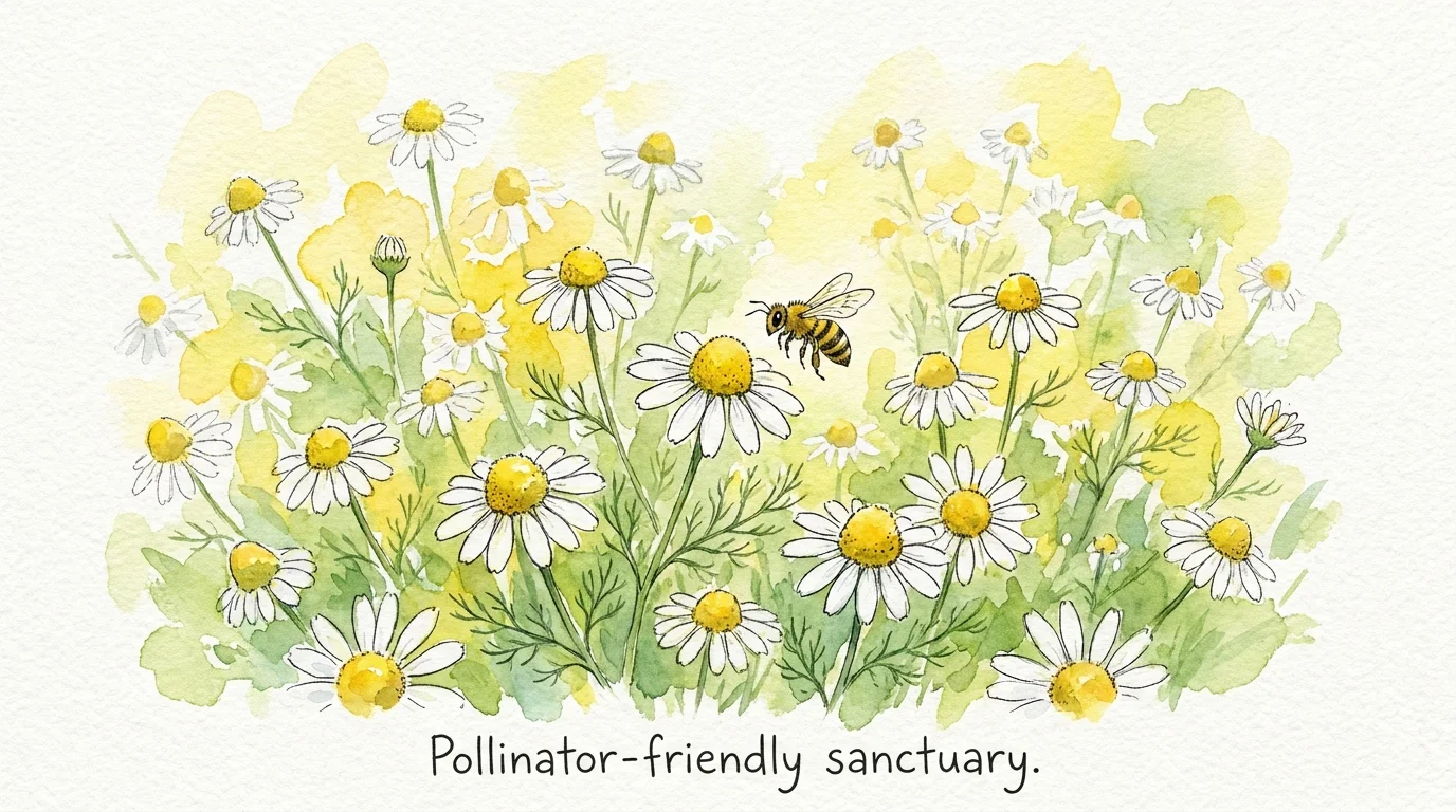A bright watercolor painting of a field of chamomile flowers with a small honeybee.