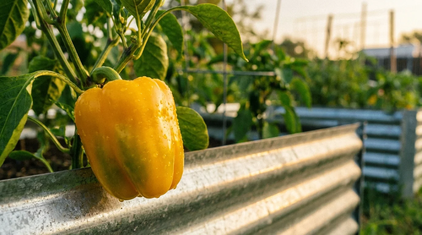 A bright yellow bell pepper growing on a plant inside a corrugated metal raised bed.